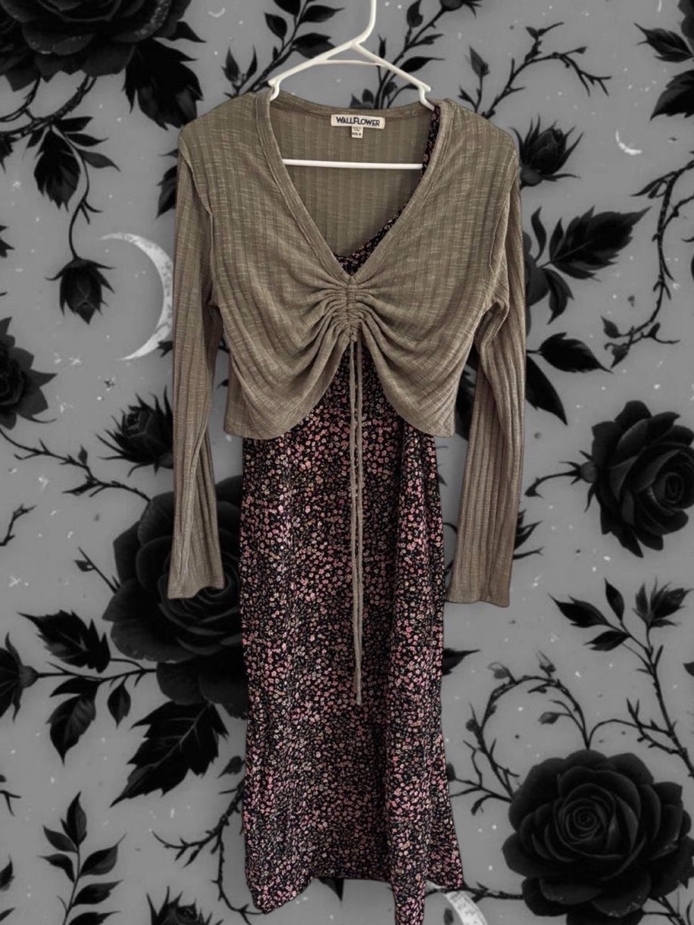 Wallflower Olive Ribbed Tie-Front Cardigan with Black Floral Slip Dress